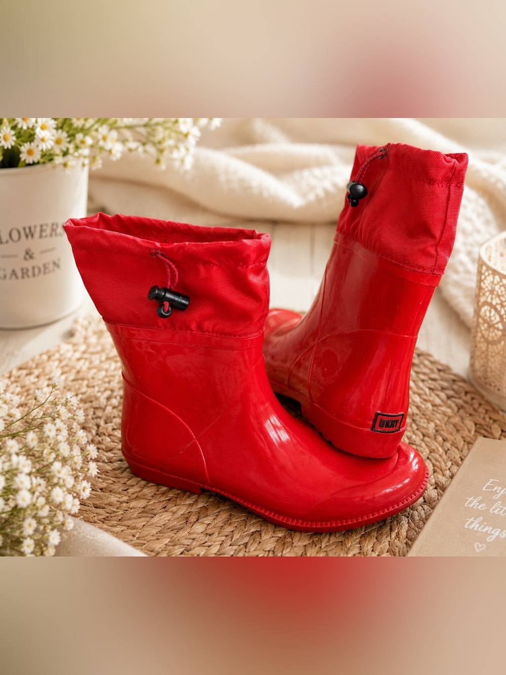 DKNY Red short Rain Boots Women’s Waterproof Pull On Rubber Booties